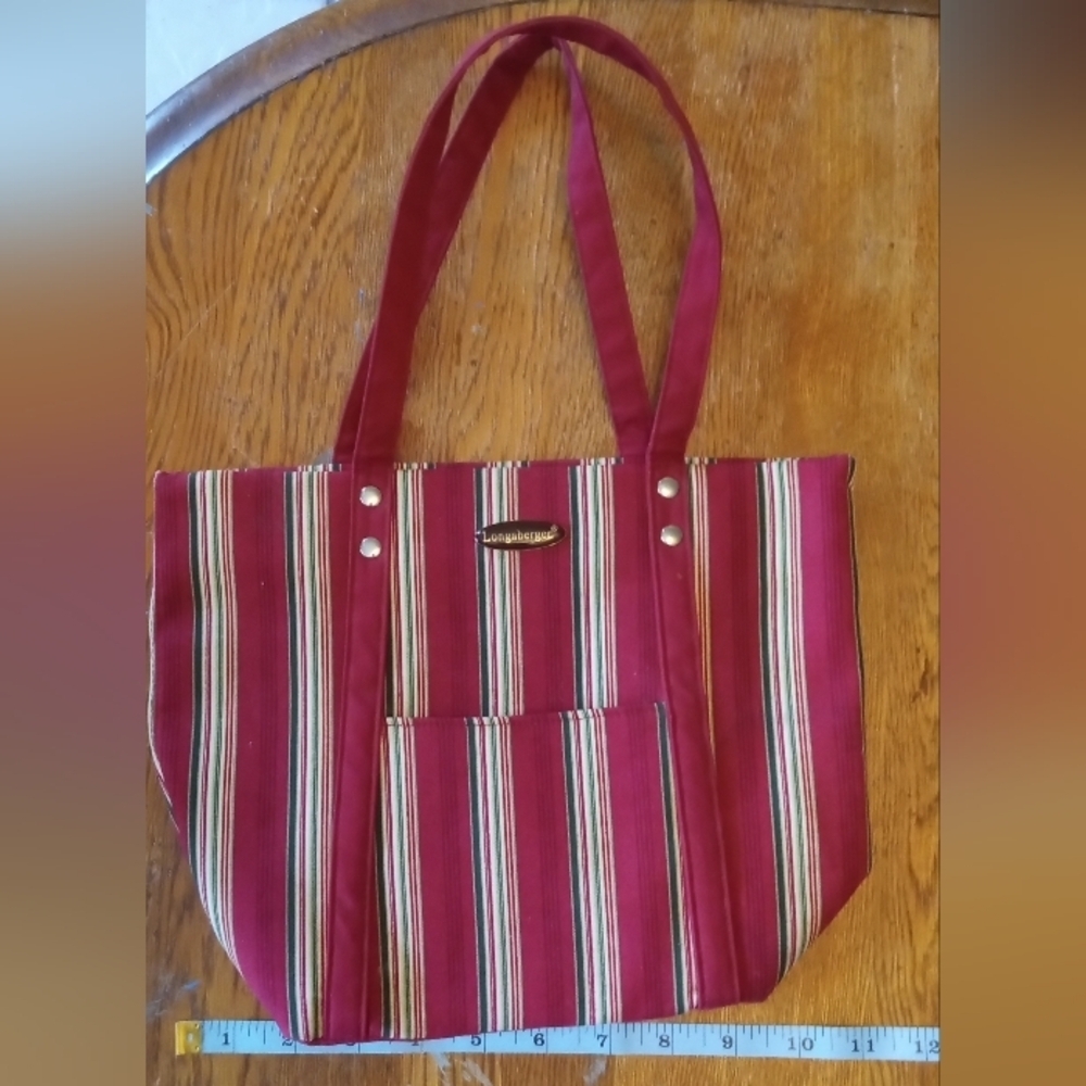 Longaberger Burgundy and Green Striped Tote